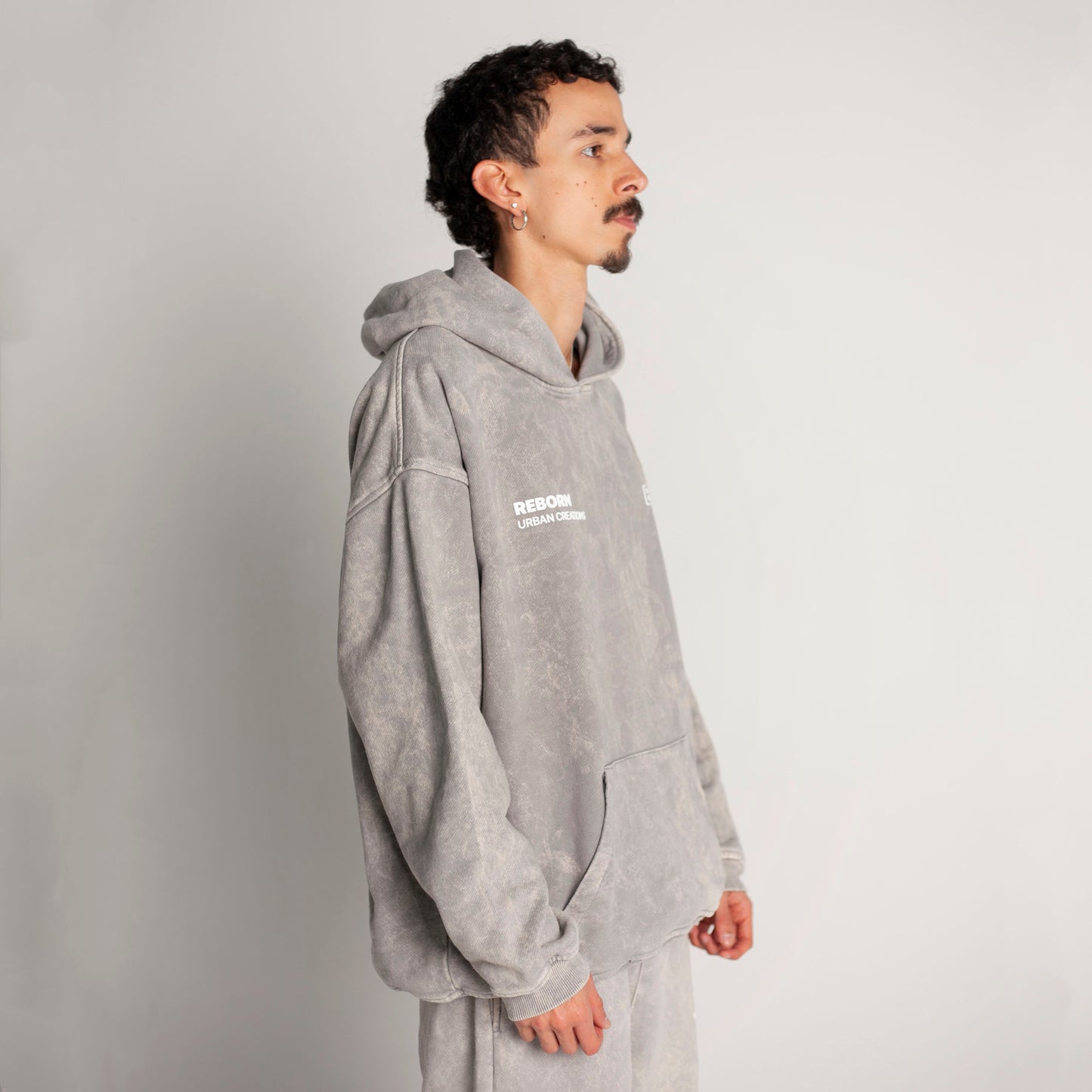 Buzo Hoodie Gris Acid Wash Tela Alto Gramaje 400G