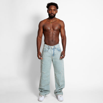 Jean Denim Flare Hombre Azul Rotos Buds