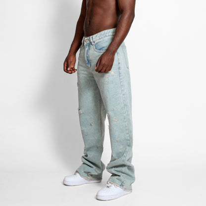 Jean Denim Flare Hombre Azul Rotos Buds