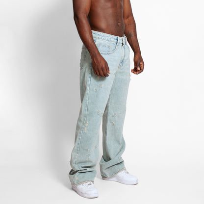 Jean Denim Flare Hombre Azul Rotos Buds