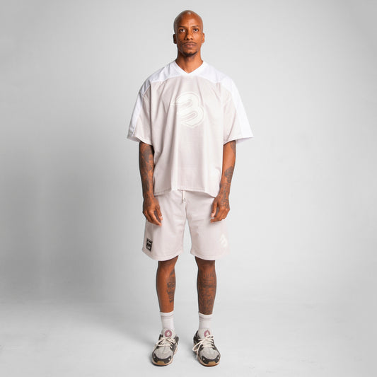 Set Malla Blanco y Beige Cortes Camiseta y Bermuda