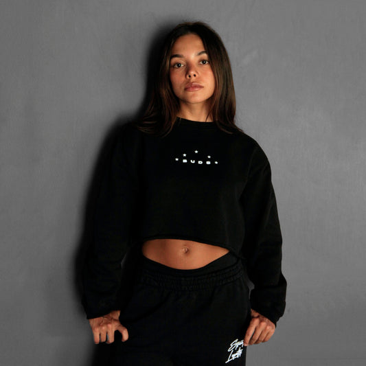 Buzo Crop Top Crewneck Negro Tela Alto Gramaje 400G