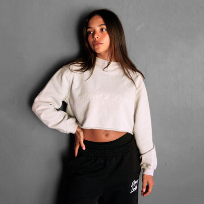 Buzo Crop Top Crewneck Hueso Tela Alto Gramaje 400G
