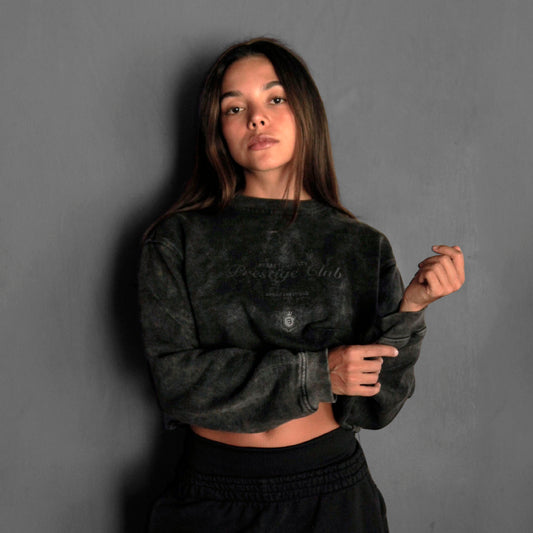 Buzo Crop Top Crewneck Negro Acid Wash Tela Alto Gramaje 400G