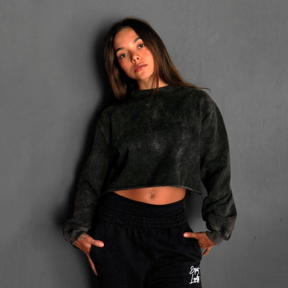 Buzo Crop Top Crewneck Negro Acid Wash Tela Alto Gramaje 400G