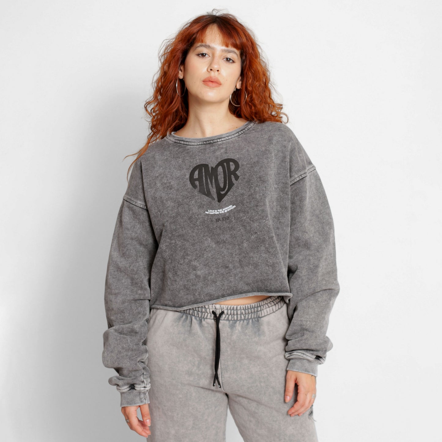Buzo Crop Top Oversize Mujer Gris Acid Wash Buds