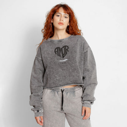 Buzo Crop Top Oversize Mujer Gris Acid Wash Buds