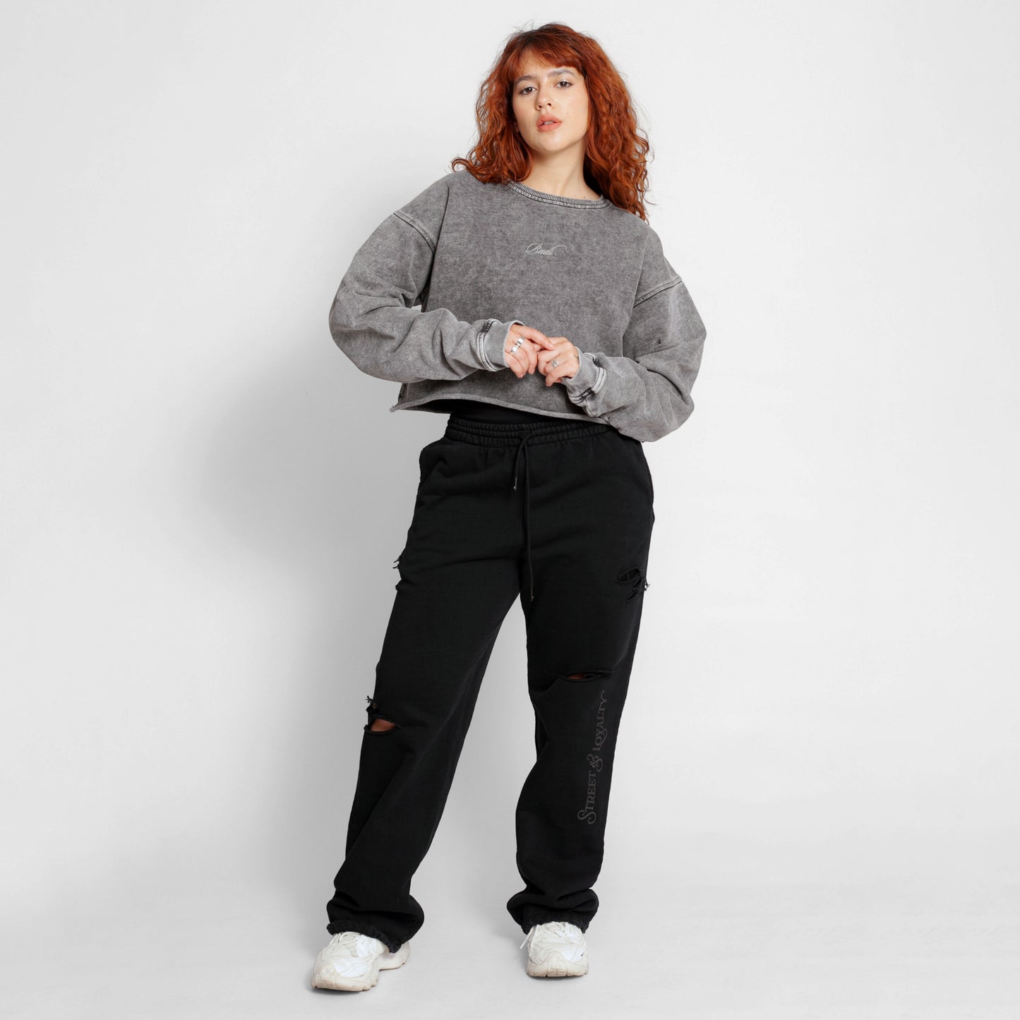 Buzo Crop Top Oversize Mujer Gris Acid Wash Buds