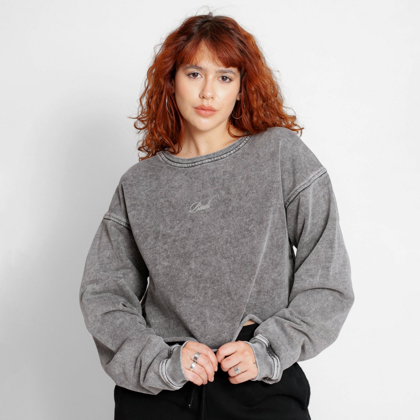 Buzo Crop Top Oversize Mujer Gris Acid Wash Buds