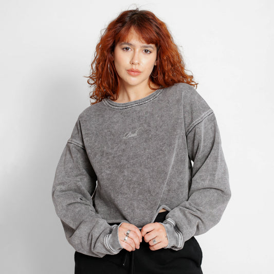 Buzo Crop Top Oversize Mujer Gris Acid Wash Buds