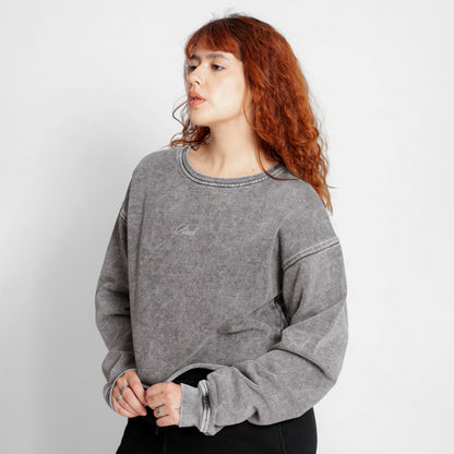 Buzo Crop Top Oversize Mujer Gris Acid Wash Buds