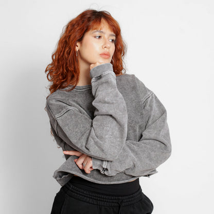 Buzo Crop Top Oversize Mujer Gris Acid Wash Buds