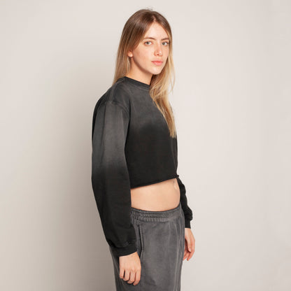 Buzo Crop Top Crewneck Gris Degradé Tela Alto Gramaje 400G