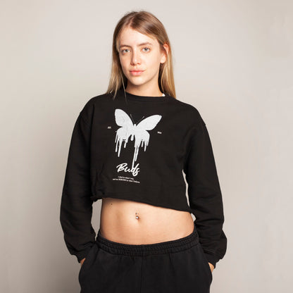 Buzo Crop Top Crewneck Negro Tela Alto Gramaje 400G