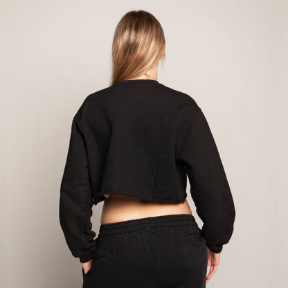 Buzo Crop Top Crewneck Negro Tela Alto Gramaje 400G