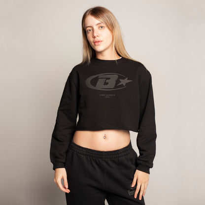 Buzo Crop Top Crewneck Negro Tela Alto Gramaje 400G