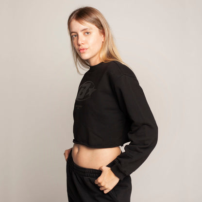 Buzo Crop Top Crewneck Negro Tela Alto Gramaje 400G