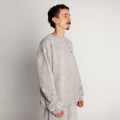 Buzo Crewneck Gris Acid Wash Tela Alto Gramaje 400G