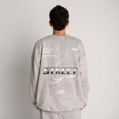 Buzo Crewneck Gris Acid Wash Tela Alto Gramaje 400G