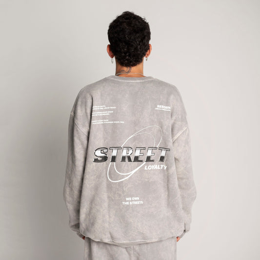 Buzo Crewneck Gris Acid Wash Tela Alto Gramaje 400G