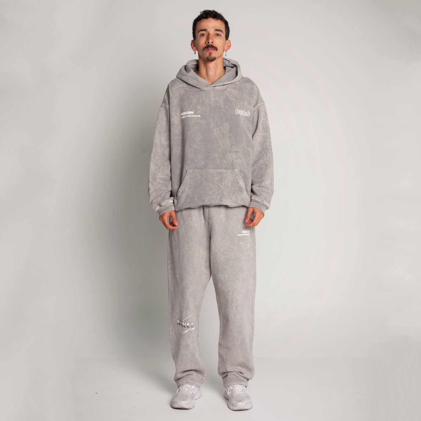 Buzo Hoodie Gris Acid Wash Tela Alto Gramaje 400G