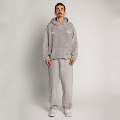 Buzo Hoodie Gris Acid Wash Tela Alto Gramaje 400G
