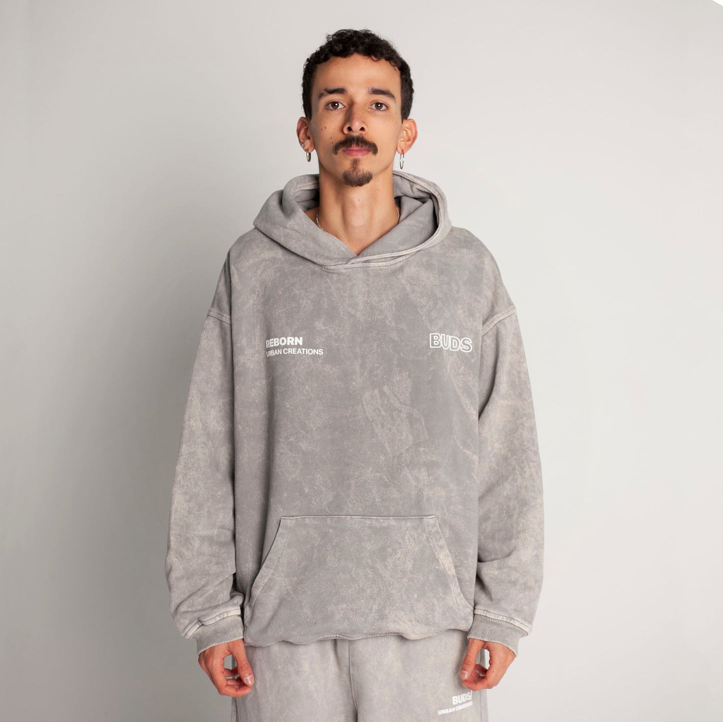 Buzo Hoodie Gris Acid Wash Tela Alto Gramaje 400G