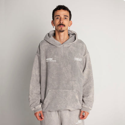 Buzo Hoodie Gris Acid Wash Tela Alto Gramaje 400G