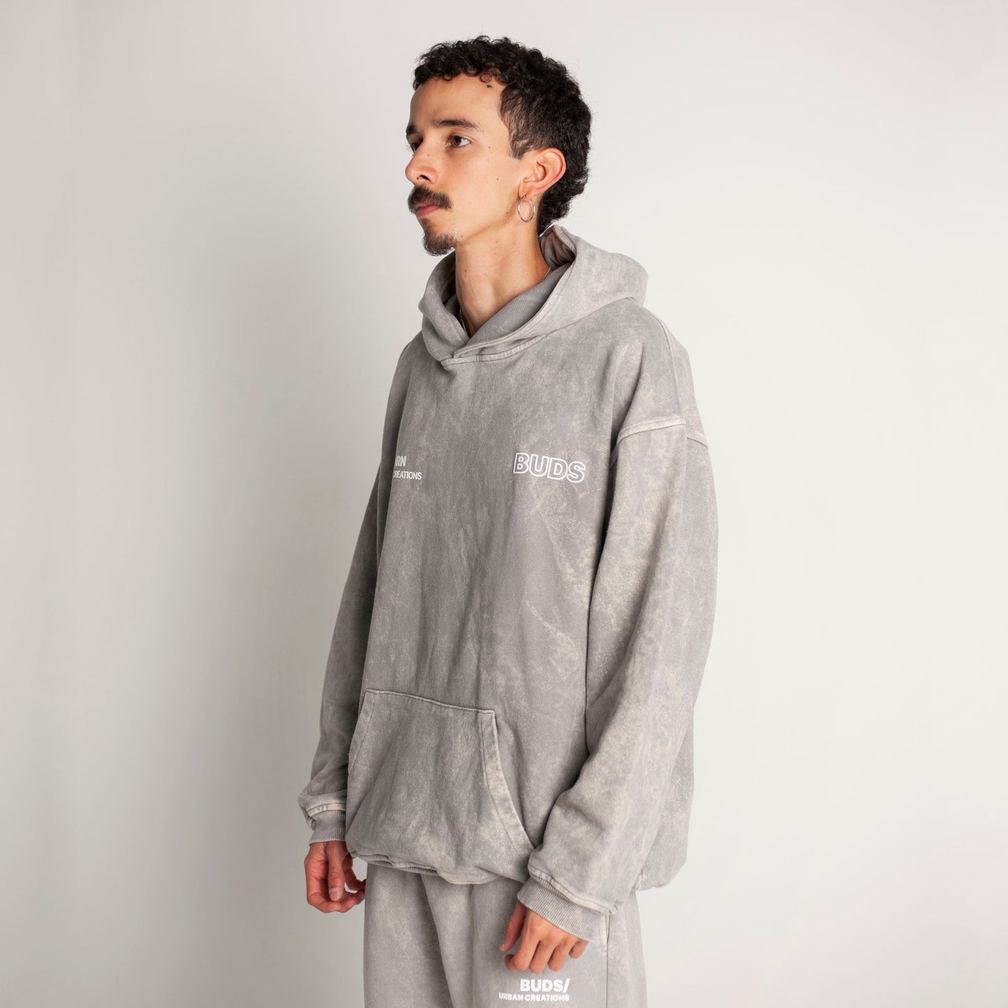 Buzo Hoodie Gris Acid Wash Tela Alto Gramaje 400G