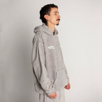 Buzo Hoodie Gris Acid Wash Tela Alto Gramaje 400G