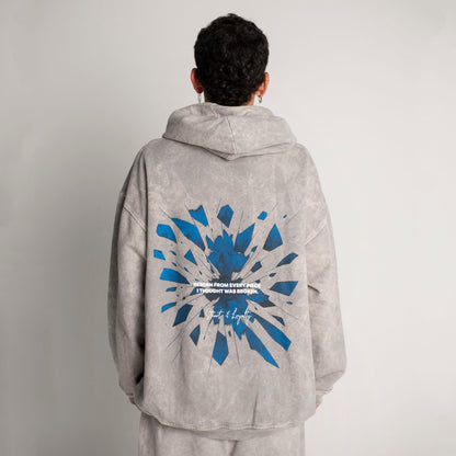 Buzo Hoodie Gris Acid Wash Tela Alto Gramaje 400G