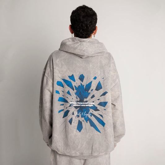 Buzo Hoodie Gris Acid Wash Tela Alto Gramaje 400G