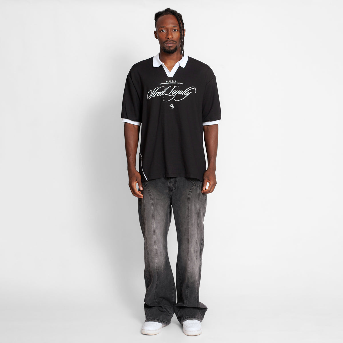 Camisa Oversize Polo Tela Galleta Negra Blanca Buds