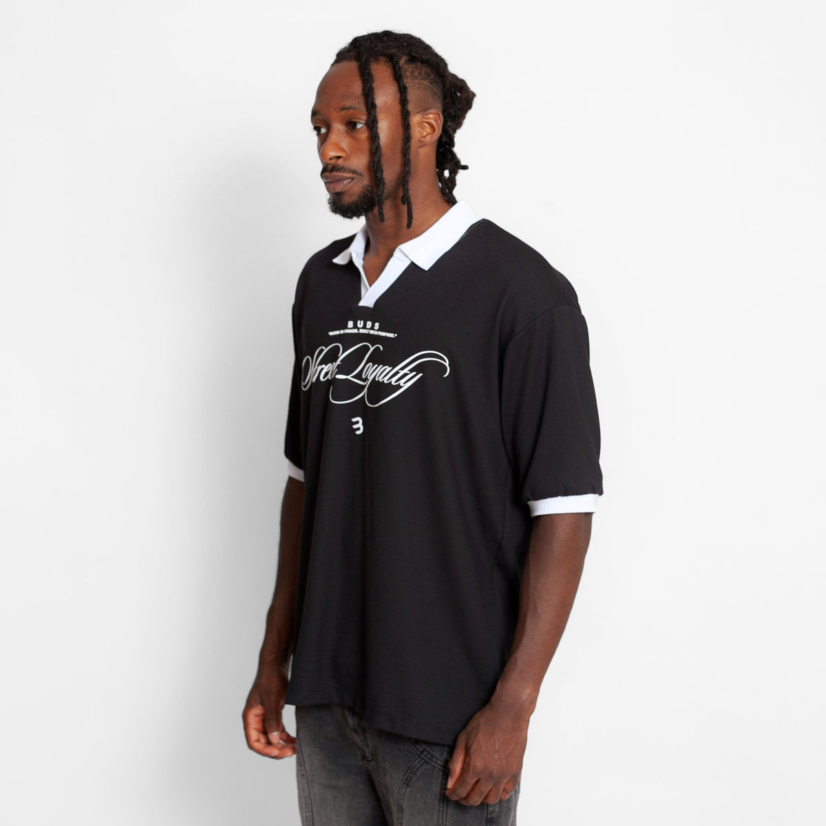 Camisa Oversize Polo Tela Galleta Negra Blanca Buds