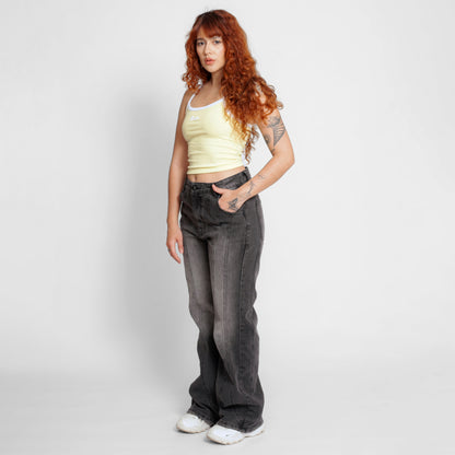 Camisa Rib Mujer Tiras Blanca y Amarilla Buds