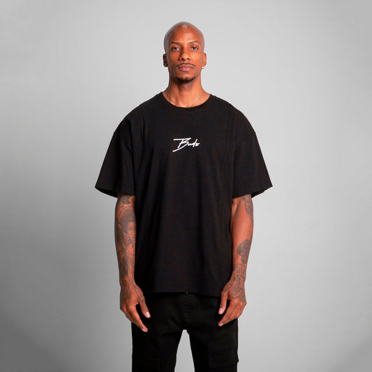Camiseta Oversize Cortes Hombre Negro Alto Gramaje 250G