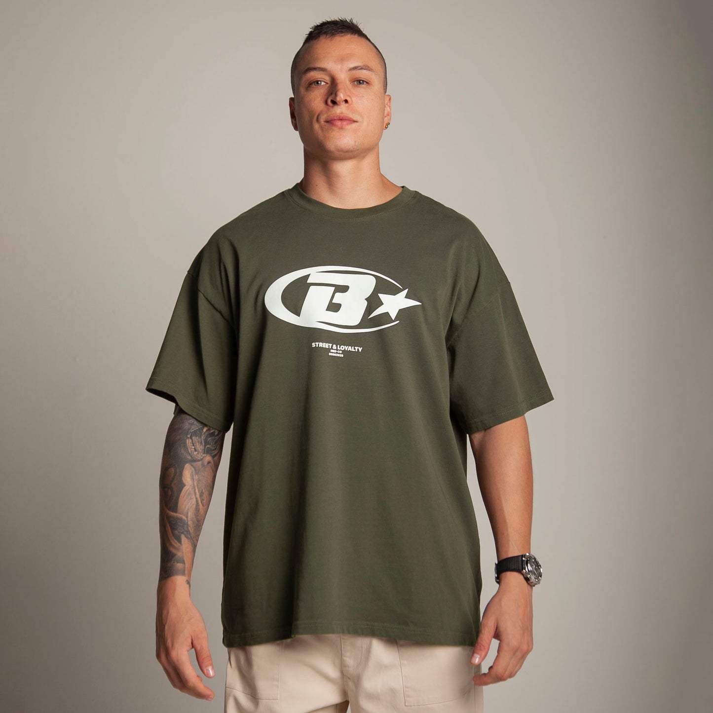 Camiseta Oversize Hombre Verde Militar Alto Gramaje 250G