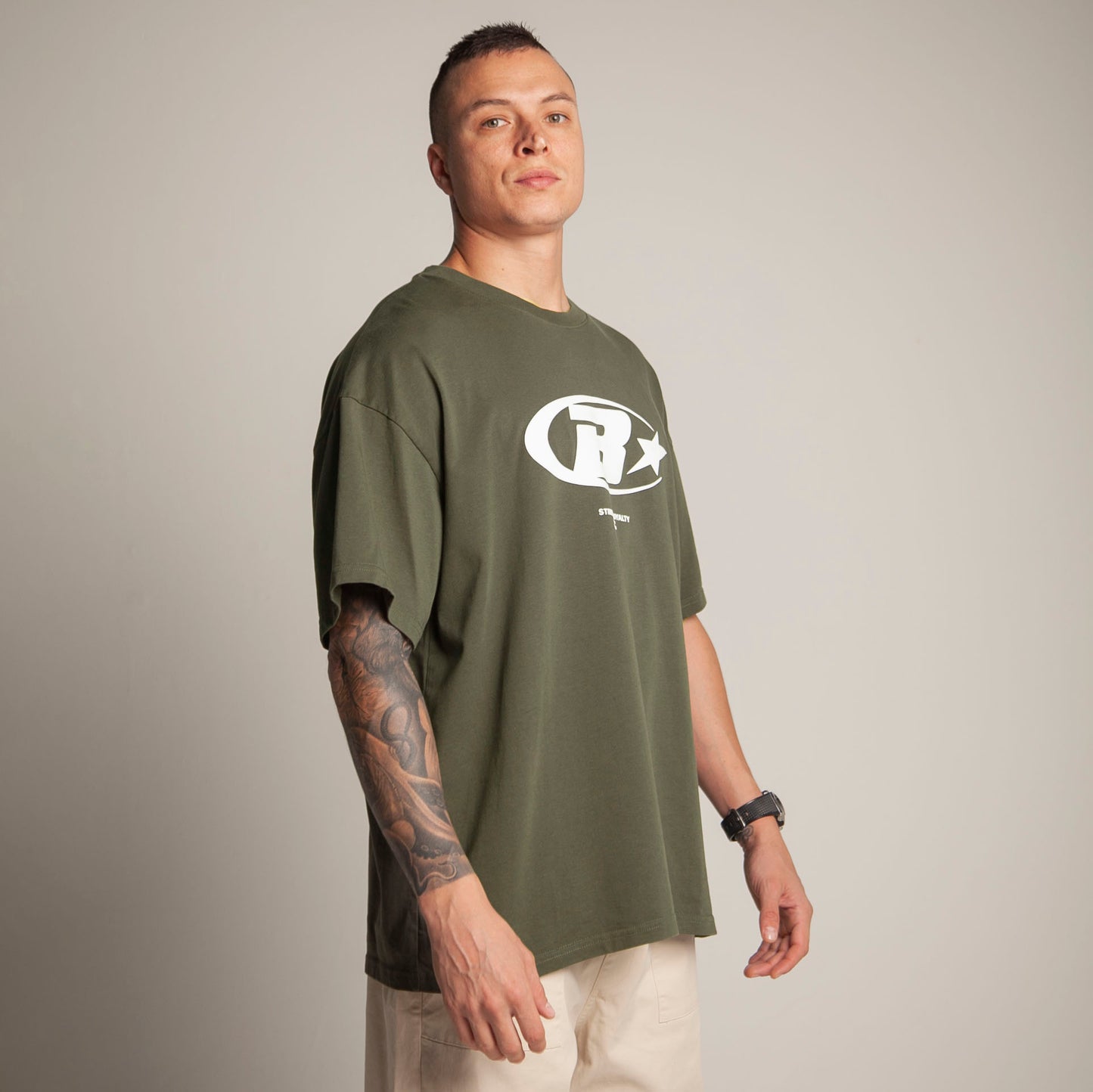 Camiseta Oversize Hombre Verde Militar Alto Gramaje 250G
