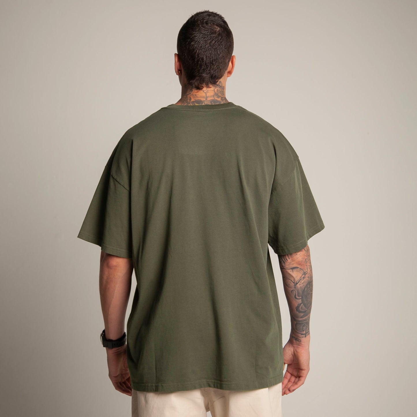 Camiseta Oversize Hombre Verde Militar Alto Gramaje 250G