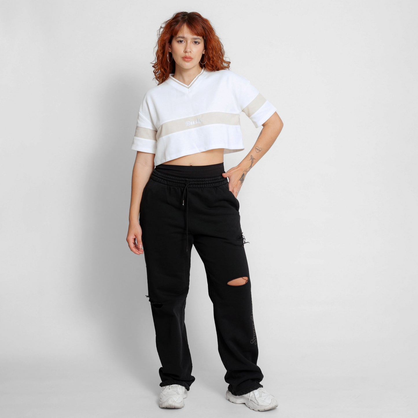 Crop Top Beisbolero Oversize Mujer Blanco Beige Cuello Tejido Buds