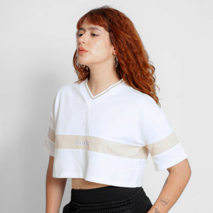 Crop Top Beisbolero Oversize Mujer Blanco Beige Cuello Tejido Buds