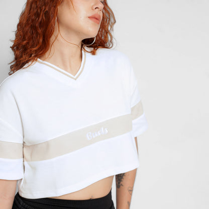 Crop Top Beisbolero Oversize Mujer Blanco Beige Cuello Tejido Buds