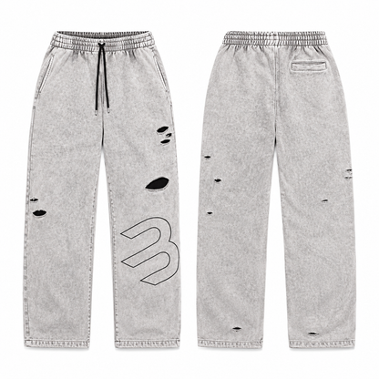Sudadera Mujer Bota Recta Acid Wash Gris Destroyed Tela Alto Gramaje 400G