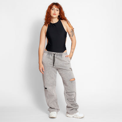 Sudadera Mujer Bota Recta Acid Wash Gris Destroyed Tela Alto Gramaje 400G