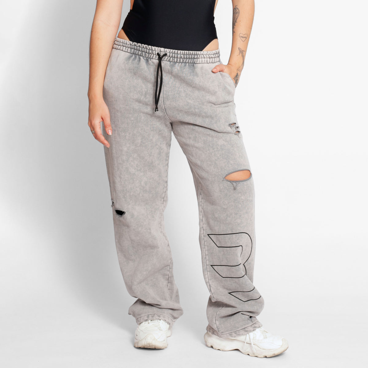Sudadera Mujer Bota Recta Acid Wash Gris Destroyed Tela Alto Gramaje 400G