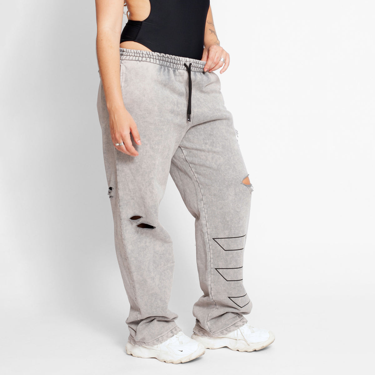 Sudadera Mujer Bota Recta Acid Wash Gris Destroyed Tela Alto Gramaje 400G