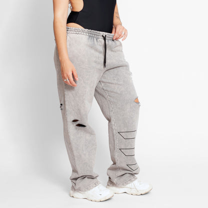 Sudadera Mujer Bota Recta Acid Wash Gris Destroyed Tela Alto Gramaje 400G