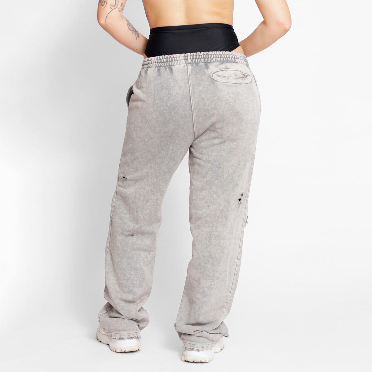 Sudadera Mujer Bota Recta Acid Wash Gris Destroyed Tela Alto Gramaje 400G